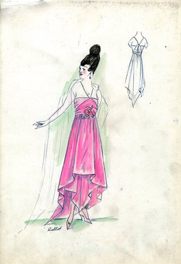 <em>"Evening dress, Callot Soeurs, Fall 1916. Pink dress, irregular length, short train; pink strapless bodice, beaded neck strap. (Bendel Collection, HB 020-07)"</em>, 1916. Fashion sketch, 12.25 x 8.5 in (31.1 x 21.6 cm). Brooklyn Museum, Fashion sketches. (Photo: Brooklyn Museum, SC01.1_Bendel_Collection_HB_020-07_1916_Callot_SL5.jpg