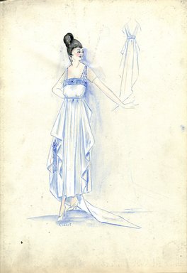 <em>"Evening dress, Callot Soeurs, Fall 1916. White tea length dress, train, side drapes; straight cut bodice, trimmed in blue, one shoulder strap in blue beads. (Bendel Collection, HB 020-08)"</em>, 1916. Fashion sketch, 12.25 x 8.5 in (31.1 x 21.6 cm). Brooklyn Museum, Fashion sketches. (Photo: Brooklyn Museum, SC01.1_Bendel_Collection_HB_020-08_1916_Callot_SL5.jpg