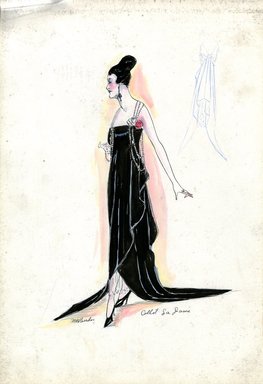 <em>"Evening dress, Callot Soeurs, 'La Dame', Fall 1916. Black tea length dress, wrapped open front, white lace or net underskirt, fishtail train; straight cut bodice, straps of white beads; a red and white flower on bodice. (Bendel Collection, HB 020-09)"</em>, 1916. Fashion sketch, 12.25 x 8.5 in (31.1 x 21.6 cm). Brooklyn Museum, Fashion sketches. (Photo: Brooklyn Museum, SC01.1_Bendel_Collection_HB_020-09_1916_Callot_SL5.jpg