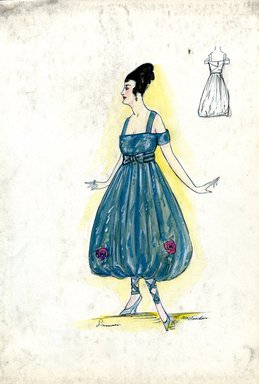 <em>"Evening dress, Lanvin, Fall 1916. Teal tea length dress, balloon shaped skirt, two roses on skirt; straight cut bodice with wide shoulder straps, wide straps on upper arms; high heels, crossed straps. (Bendel Collection, HB 020-10)"</em>, 1916. Fashion sketch, 12.25 x 8.5 in (31.1 x 21.6 cm). Brooklyn Museum, Fashion sketches. (Photo: Brooklyn Museum, SC01.1_Bendel_Collection_HB_020-10_1916_Lanvin_SL5.jpg