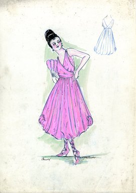 <em>"Evening dress, Arnold, Fall 1916. Pink tea length dress, full skirt; sleeveless bodice, surplice front; pink high heels with crossed straps ; pink fan, feathers. (Bendel Collection, HB 020-11)"</em>, 1916. Fashion sketch, 12.25 x 8.5 in (31.1 x 21.6 cm). Brooklyn Museum, Fashion sketches. (Photo: Brooklyn Museum, SC01.1_Bendel_Collection_HB_020-11_1916_Arnold_SL5.jpg