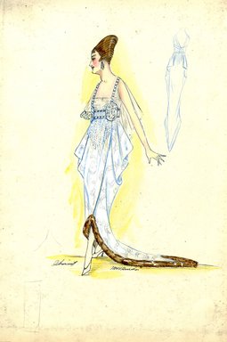 <em>"Evening dress, Chéruit, Fall 1916. Light blue tea length dress, hem and train trimmed in brown fur, skirt with side drapes; straight cut bodice with wide shoulder straps, sheer slashed sleeves; decorative beadwork at waist and front of dress; abstract pattern on dress. (Bendel Collection, HB 020-12)"</em>, 1916. Fashion sketch, 12.25 x 8.5 in (31.1 x 21.6 cm). Brooklyn Museum, Fashion sketches. (Photo: Brooklyn Museum, SC01.1_Bendel_Collection_HB_020-12_1916_Cheruit_SL5.jpg