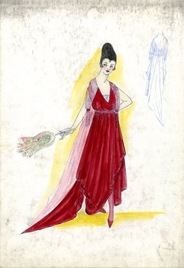 <em>"Evening dress, Fall 1916. Red ankle length dress, draped front, train; bodice, surplice front, beaded sleeves; beaded belt; peacock feather fan. (Bendel Collection, HB 020-14)"</em>, 1916. Fashion sketch, 12.25 x 8.5 in (31.1 x 21.6 cm). Brooklyn Museum, Fashion sketches. (Photo: Brooklyn Museum, SC01.1_Bendel_Collection_HB_020-14_1916_SL5.jpg