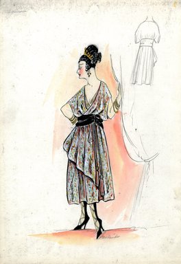 <em>"Evening dress, Lanvin, Fall 1916. Tea length dress, draped skirt; draped short sleeve bodice, surplice front; wide black belt, long tassels; dress fabric in green, orange, and white abstract dot pattern, black high heels, crossed straps. (Bendel Collection, HB 020-15)"</em>, 1916. Fashion sketch, 12.25 x 8.5 in (31.1 x 21.6 cm). Brooklyn Museum, Fashion sketches. (Photo: Brooklyn Museum, SC01.1_Bendel_Collection_HB_020-15_1916_Lanvin_SL5.jpg