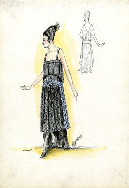 <em>"Evening dress, Chéruit, Fall 1916. Black beaded tea length dress, skirt with beaded crescents, train; straight cut sleeveless bodice, straps of black beads. (Bendel Collection, HB 020-16)"</em>, 1916. Fashion sketch, 12.25 x 8.5 in (31.1 x 21.6 cm). Brooklyn Museum, Fashion sketches. (Photo: Brooklyn Museum, SC01.1_Bendel_Collection_HB_020-16_1916_Cheruit_SL5.jpg