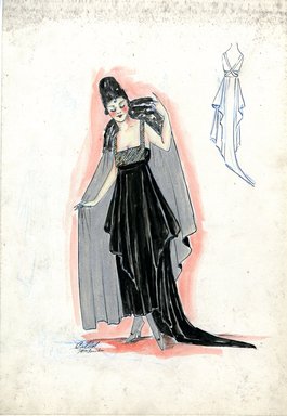 <em>"Evening dress, Callot Soeurs, Fall 1916. Black ankle length dress, draped skirt, train; straight cut bodice, square bib front and shoulder straps in black, white and gold criss-cross design; long cape, silver lining, black collar; silver high heels; silver stockings. (Bendel Collection, HB 020-17)"</em>, 1916. Fashion sketch, 12.25 x 8.5 in (31.1 x 21.6 cm). Brooklyn Museum, Fashion sketches. (Photo: Brooklyn Museum, SC01.1_Bendel_Collection_HB_020-17_1916_Callot_SL5.jpg