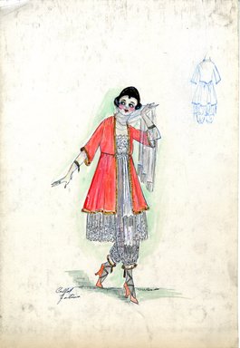 <em>"Evening dress, Callot Soeurs, Fall 1916. Persian style dress; silver lace knee length dress over silver lace harem pants trimmed in brown fur; long orange jacket, three-quarter length sleeves, jacket and sleeves trimmed in brown fur; orange high heels with crossed straps. (Bendel Collection, HB 020-18)"</em>, 1916. Fashion sketch, 12.25 x 8.5 in (31.1 x 21.6 cm). Brooklyn Museum, Fashion sketches. (Photo: Brooklyn Museum, SC01.1_Bendel_Collection_HB_020-18_1916_Callot_SL5.jpg