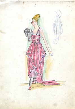 <em>"Evening dress, Fall 1916. Pink ankle length dress, draped skirt, train, sheer underskirt; straight cut bodice, paired shoulder straps; silver design on dress, fan with grey feathers. (Bendel Collection, HB 020-19)"</em>, 1916. Fashion sketch, 12.25 x 8.5 in (31.1 x 21.6 cm). Brooklyn Museum, Fashion sketches. (Photo: Brooklyn Museum, SC01.1_Bendel_Collection_HB_020-19_1916_SL5.jpg