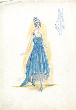 <em>"Evening dress, Fall 1916. Blue tea length dress, full skirt, train, silver underskirt; straight cut bodice, paired shoulder straps; waist sash; silver pattern on dress fabric; blue high heels, crossed straps. (Bendel Collection, HB 020-20)"</em>, 1916. Fashion sketch, 12.25 x 8.5 in (31.1 x 21.6 cm). Brooklyn Museum, Fashion sketches. (Photo: Brooklyn Museum, SC01.1_Bendel_Collection_HB_020-20_1916_SL5.jpg