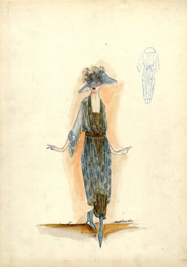 <em>"Dress, Doucet, 1918. Pale blue and gold dress; sheer blue overlay with large polka dotted print over a gold ankle length dress; gold sash at waist, loose-fitting silhouette with tapered underskirt; large blue hat with feather ornamentation. (Bendel Collection, HB 028-10)"</em>, 1918. Fashion sketch, 12.25 x 8.5 in (31.1 x 21.6 cm). Brooklyn Museum, Fashion sketches. (Photo: Brooklyn Museum, SC01.1_Bendel_Collection_HB_028-10_1918_Doucet_SL5.jpg