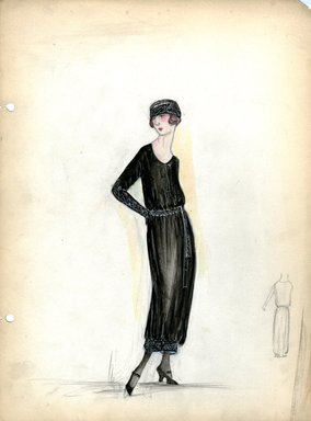 <em>"Day Dress, Fall 1919. Black tea length dress, skirt with wide band at hem with blue design; bodice with scoop neck, long sleeves, narrow belt; black pill box hat; hem, sleeves, belt and hat have matching designs in blue. (Bendel Collection, HB 029-22)"</em>, 1919. Fashion sketch, 12.25 x 8.5 in (31.1 x 21.6 cm). Brooklyn Museum, Fashion sketches. (Photo: Brooklyn Museum, SC01.1_Bendel_Collection_HB_029-22_1919_SL5.jpg