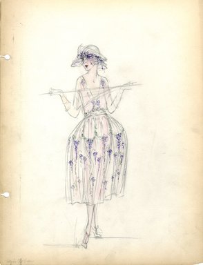 <em>"Dress, Fall 1919. Pencil drawing; robe de style dress; mid-calf length skirt, clusters of purple wisteria on skirt; surplice bodice, short sleeves; matching hat, wide brim, trimmed with purple flowers. (Bendel Collection, HB 029-38)"</em>, 1919. Brooklyn Museum, Fashion sketches. (Photo: Brooklyn Museum, SC01.1_Bendel_Collection_HB_029-38_1919_SL5.jpg