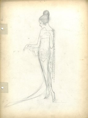 <em>"Evening Dress, Fall 1919. Pencil drawing; ankle strapless length dress, train; sheer shawl over dress. (Bendel Collection, HB 029-39)"</em>, 1919. Fashion sketch, 12.25 x 8.5 in (31.1 x 21.6 cm). Brooklyn Museum, Fashion sketches. (Photo: Brooklyn Museum, SC01.1_Bendel_Collection_HB_029-39_1919_SL5.jpg