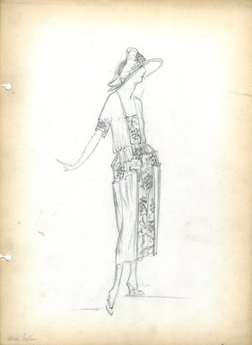 <em>"Day Dress, Fall 1919. Pencil drawing; dress, mid calf length skirt, center front panel and hips with design of grapes; draped bodice, short peplum, short sleeves, square neck, center of bodice with grape design; hat, wide brim. (Bendel Collection, HB 029-40)"</em>, 1919. Fashion sketch, 12.25 x 8.5 in (31.1 x 21.6 cm). Brooklyn Museum, Fashion sketches. (Photo: Brooklyn Museum, SC01.1_Bendel_Collection_HB_029-40_1919_SL5.jpg