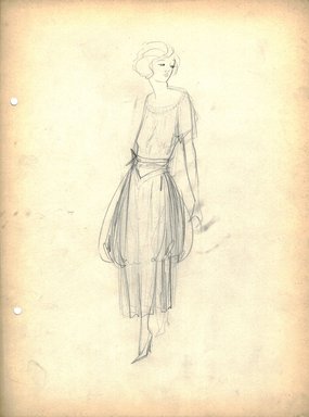 <em>"Dress, Fall, 1919. Pencil drawing; tea length dress; balloon overskirt; bodice with bateau neck, short sleeves. (Bendel Collection, HB 029-67)"</em>, 1919. Fashion sketch, 12.25 x 8.5 in (31.1 x 21.6 cm). Brooklyn Museum, Fashion sketches. (Photo: Brooklyn Museum, SC01.1_Bendel_Collection_HB_029-67_1919_SL5.jpg