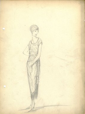 <em>"Dress, Fall 1919. Pencil drawing; ankle length dress; draped straight skirt with wide deep fringe at hem; bodice with round neck, short sleeves; turban. (Bendel Collection, HB 029-68)"</em>, 1919. Fashion sketch, 12.25 x 8.5 in (31.1 x 21.6 cm). Brooklyn Museum, Fashion sketches. (Photo: Brooklyn Museum, SC01.1_Bendel_Collection_HB_029-68_1919_SL5.jpg