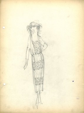 <em>"Day Dress, Fall 1919. Pencil drawing; dress; tea  length skirt; narrow belt; draped bodice, square neck, short sleeves; design on skirt and bodice; cloche with feathers. (Bendel Collection, HB 029-69)"</em>, 1919. Fashion sketch, 12.25 x 8.5 in (31.1 x 21.6 cm). Brooklyn Museum, Fashion sketches. (Photo: Brooklyn Museum, SC01.1_Bendel_Collection_HB_029-69_1919_SL5.jpg