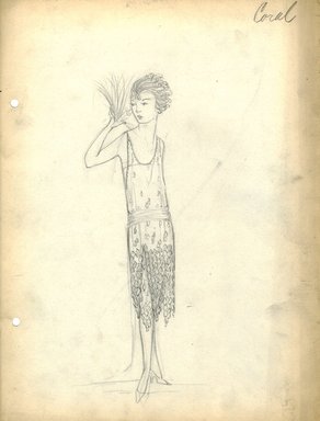 <em>"Evening Dress, Fall 1919.  Pencil drawing; slip dress; skirt with tapered panels with design of leaves; sash at hips; sleeveless bodice. (Bendel Collection, HB 029-75)"</em>, 1919. Fashion sketch, 12.25 x 8.5 in (31.1 x 21.6 cm). Brooklyn Museum, Fashion sketches. (Photo: Brooklyn Museum, SC01.1_Bendel_Collection_HB_029-75_1919_SL5.jpg