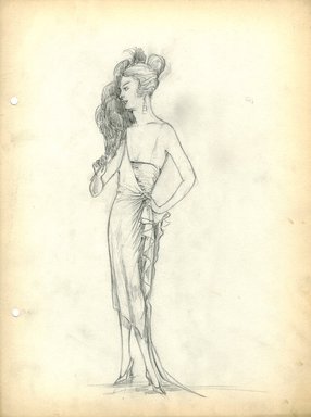 <em>"Evening Dress, Fall 1919.  Pencil drawing; dress; straight skirt, asymmetric side drape, short train, mid calf length; dress fabric extends diagonally across one shoulder; strapless bodice; feather fan. (Bendel Collection, HB 029-76)"</em>, 1919. Fashion sketch, 12.25 x 8.5 in (31.1 x 21.6 cm). Brooklyn Museum, Fashion sketches. (Photo: Brooklyn Museum, SC01.1_Bendel_Collection_HB_029-76_1919_SL5.jpg