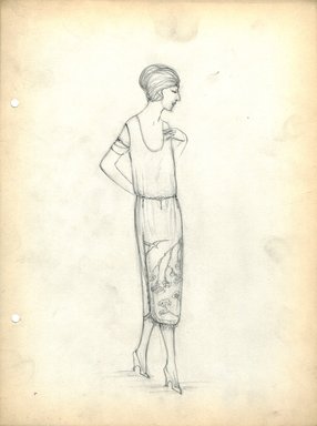 <em>"Day Dress, Fall 1919.  Pencil drawing; mid calf length dress, straight skirt, Oriental-inspired floral and bird design on skirt; bodice with scoop neck, short sleeves; narrow belt. (Bendel Collection, HB 029-77)"</em>, 1919. Fashion sketch, 12.25 x 8.5 in (31.1 x 21.6 cm). Brooklyn Museum, Fashion sketches. (Photo: Brooklyn Museum, SC01.1_Bendel_Collection_HB_029-77_1919_SL5.jpg