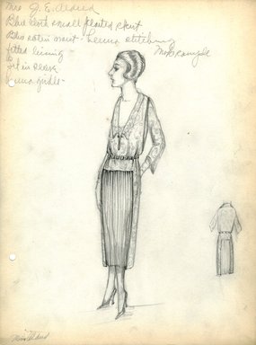 <em>"Day Dress, Fall 1919.  Pencil drawing; tea length dress; pleated skirt; bodice with V-neck, collar, 3/4 sleeves, bodice fabric extends below waist and as side panels on skirt; abstract design on bodice fabric; narrow belt. (Bendel Collection, HB 029-78)"</em>, 1919. Fashion sketch, 12.25 x 8.5 in (31.1 x 21.6 cm). Brooklyn Museum, Fashion sketches. (Photo: Brooklyn Museum, SC01.1_Bendel_Collection_HB_029-78_1919_SL5.jpg