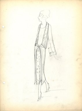 <em>"Coat and Dress, Fall 1919.  Pencil drawing; loose open coat, mid calf length, one button closure at waist, fur shawl collar; dress with round neck. (Bendel Collection, HB 029-79)"</em>, 1919. Fashion sketch, 12.25 x 8.5 in (31.1 x 21.6 cm). Brooklyn Museum, Fashion sketches. (Photo: Brooklyn Museum, SC01.1_Bendel_Collection_HB_029-79_1919_SL5.jpg