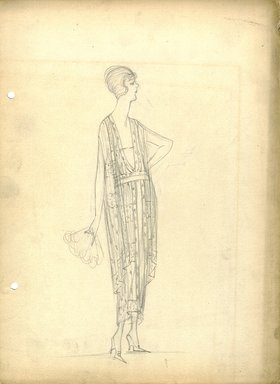 <em>"Evening Dress, Fall 1919.  Pencil drawing; tea length dress; layered skirt; deep V-neck bodice, under slip; abstract design on dress fabric; feathered fan. (Bendel Collection, HB 029-81)"</em>, 1919. Fashion sketch, 12.25 x 8.5 in (31.1 x 21.6 cm). Brooklyn Museum, Fashion sketches. (Photo: Brooklyn Museum, SC01.1_Bendel_Collection_HB_029-81_1919_SL5.jpg