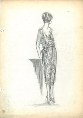 <em>"Day Dress, Fall 1919.  Pencil drawing; dress, floral design; straight skirt, below knee length; bodice with V-neck, scalloped edge, short sleeves; narrow waist sash. (Bendel Collection, HB 029-82)"</em>, 1919. Fashion sketch, 12.25 x 8.5 in (31.1 x 21.6 cm). Brooklyn Museum, Fashion sketches. (Photo: Brooklyn Museum, SC01.1_Bendel_Collection_HB_029-82_1919_SL5.jpg