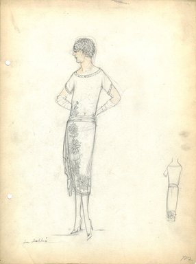 <em>"Day Dress, 'La Dahlia', Fall 1919.  Pencil drawing; dress, straight skirt, below knee length, side drape; round neck, short sleeves; sash tied at hips; asymmetrical design of chrysanthemums extending from hem to bodice. (Bendel Collection, HB 029-84)"</em>, 1919. Fashion sketch, 12.25 x 8.5 in (31.1 x 21.6 cm). Brooklyn Museum, Fashion sketches. (Photo: Brooklyn Museum, SC01.1_Bendel_Collection_HB_029-84_1919_SL5.jpg