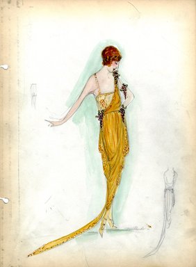 <em>"Evening Dress, 1919. Burnt orange dress; ankle length, draped skirt, train; bodice in burnt orange diagonally draped on one shoulder, camisole underneath in off-white with burnt orange floral design; purple grape clusters at hips, on one shoulder and arm. (Bendel Collection, HB 031-15)"</em>, 1919. Fashion sketch, 12.25 x 8.5 in (31.1 x 21.6 cm). Brooklyn Museum, Fashion sketches. (Photo: Brooklyn Museum, SC01.1_Bendel_Collection_HB_031-15_1919_SL5.jpg