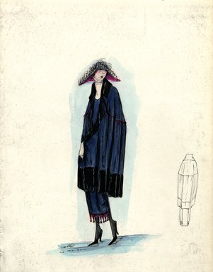 <em>"Cape and Dress, Callot Soeurs, Spring 1919.  Dark blue cape and matching dress, knee length cape, black border, black notched collar; skirt with red ball fringe at hem; grey bi-corn hat, red lining, black feathers. (Bendel Collection, HB 032-94)"</em>, 1919. Fashion sketch, 12.25 x 8.5 in (31.1 x 21.6 cm). Brooklyn Museum, Fashion sketches. (Photo: Brooklyn Museum, SC01.1_Bendel_Collection_HB_032-094_1919_Callot_SL5.jpg