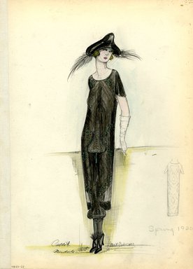 <em>"Evening Dress, 'Mudele', Callot Soeurs, Spring 1920. Black dress with teal and gold trim; tunic dress with planar silhouette; embroidery and diamond-shaped patterns throughout dress; tea length skirt; tri-corn hat with feather embellishment. (Bendel Collection, HB 033-23)"</em>, 1920. Fashion sketch, 12.25 x 8.5 in (31.1 x 21.6 cm). Brooklyn Museum, Fashion sketches. (Photo: Brooklyn Museum, SC01.1_Bendel_Collection_HB_033-23_1920_Callot_SL5.jpg