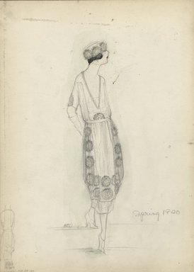 <em>"Day Dress, Etta, Spring 1920.   Pencil drawing, mid-calf length dress with apron-like skirt; skirt has border of large disc-like flowers; loosely draped bodice with low v-neck, short sleeves; flower on sleeves and on bodice; narrow belt; cloche trimmed with flowers. (Bendel Collection, HB 034-22)"</em>, 1920. Fashion sketch, 12.25 x 8.5 in (31.1 x 21.6 cm). Brooklyn Museum, Fashion sketches. (Photo: Brooklyn Museum, SC01.1_Bendel_Collection_HB_034-22_1920_Etta_SL5.jpg