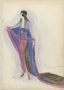 <em>"Evening Dress or Theatrical Costume, Callot Soeurs, Spring 1920.  Egyptian inspired long pink dress with bandeau top with Egyptian design; cape, short in front and trailing on floor in back, sheer blue trimmed in pink, gold metallic in back with design of discs; gold headband with gold metallic fabric in back. (Bendel Collection, HB 034-25)"</em>, 1920. Fashion sketch, 12.25 x 8.5 in (31.1 x 21.6 cm). Brooklyn Museum, Fashion sketches. (Photo: Brooklyn Museum, SC01.1_Bendel_Collection_HB_034-25_1920_Callot_SL5.jpg