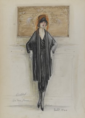 <em>"Day Dress and Coat, Callot Soeurs, 'La Via Parisian,' Fall 1920.  Black knee length dress and matching 3/4 length coat; loose fitting coat, open in front with long sleeves; black cloche with orange feathers. (Bendel Collection, HB 035-50)"</em>, 1920. Fashion sketch, 12.25 x 8.5 in (31.1 x 21.6 cm). Brooklyn Museum, Fashion sketches. (Photo: Brooklyn Museum, SC01.1_Bendel_Collection_HB_035-050_1920_Callot_PS4.jpg