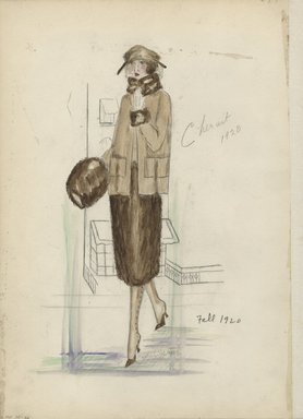 <em>"Day Suit, Chéruit, Fall 1920.  Brown fur skirt, knee-length and camel box shaped jacket; hip length jacket with patch pockets, brown fur cuff, high collar and muff; brown hat; brown high heeled shoes with camel colored spats. (Bendel Collection, HB 035-36)"</em>, 1920. Fashion sketch, 12.25 x 8.5 in (31.1 x 21.6 cm). Brooklyn Museum, Fashion sketches. (Photo: Brooklyn Museum, SC01.1_Bendel_Collection_HB_035-36_1920_Cheruit_SL5.jpg