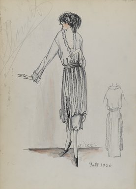 <em>"Dress, Chéruit, Fall 1920.  Pen and ink drawing; dress with vertical rows of fur on skirt, gathered in front; loose bodice with low scoop neck, long sleeves with turned up cuf and stitched drop shoulder, white fur around neck; waist sash. (Bendel Collection, HB 035-58)"</em>, 1920. Fashion sketch, 12.25 x 8.5 in (31.1 x 21.6 cm). Brooklyn Museum, Fashion sketches. (Photo: Brooklyn Museum, SC01.1_Bendel_Collection_HB_035-58_1920_Cheruit_PS4.jpg