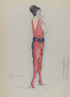 <em>"Dress, Chéruit, Fall 1920.  Coral pink dress; loose straight skirt, knee-length; draped bodice with low armhole and deep-v back; dark blue waist sash with black beads; ropes of dark blue beads on skirt. (Bendel Collection, HB 036-16)"</em>, 1920. Fashion sketch, 12.25 x 8.5 in (31.1 x 21.6 cm). Brooklyn Museum, Fashion sketches. (Photo: Brooklyn Museum, SC01.1_Bendel_Collection_HB_036-016_1920_Cheriut_PS4.jpg