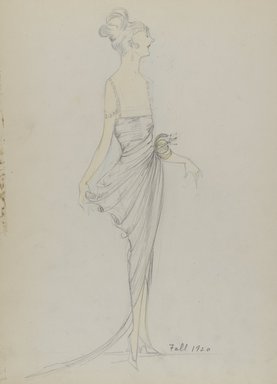 <em>"Evening Dress, Fall 1920.  Pencil sketch, dress with assymetrical skirt and train; side draped skirt; fitted camisole bodice with narrow beaded shoulder straps; a single large flower at one hip. (Bendel Collection, HB 036-24)"</em>, 1920. Fashion sketch, 12.25 x 8.5 in (31.1 x 21.6 cm). Brooklyn Museum, Fashion sketches. (Photo: Brooklyn Museum, SC01.1_Bendel_Collection_HB_036-024_1920_PS4.jpg