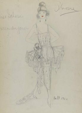 <em>"Evening Dress, Fall 1920.  Sleeveless dress, straight skirt mid calf length with train; side paniers with two large flowers at waist and hip; low cut sleeveless bodice; pencil sketch. (Bendel Collection, HB 036-30)"</em>, 1920. Fashion sketch, 12.25 x 8.5 in (31.1 x 21.6 cm). Brooklyn Museum, Fashion sketches. (Photo: Brooklyn Museum, SC01.1_Bendel_Collection_HB_036-030_1920_PS4.jpg