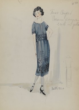 <em>"Day Dress, Fall 1920.  Blue dress; catridge pleats at waist, below the knee length skirt; bodice with bateau neck and short sleeves; embroidered in black on skirt, waistband, bodice and sleeves. (Bendel Collection, HB 036-35)"</em>, 1920. Fashion sketch, 12.25 x 8.5 in (31.1 x 21.6 cm). Brooklyn Museum, Fashion sketches. (Photo: Brooklyn Museum, SC01.1_Bendel_Collection_HB_036-035_1920_PS4.jpg