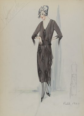 <em>"Day Dress, Rolande, Fall 1920.  Brown dress; mid-calf length skirt with design of black diamonds; loose bodice with v-neck and three-quarter length sleeves ending in zig-zag shape. (Bendel Collection, HB 036-50)"</em>, 1920. Fashion sketch, 12.25 x 8.5 in (31.1 x 21.6 cm). Brooklyn Museum, Fashion sketches. (Photo: Brooklyn Museum, SC01.1_Bendel_Collection_HB_036-050_1920_Rolande_PS4.jpg