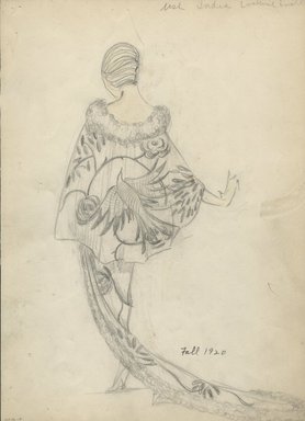 <em>"Evening Cape and Skirt, Fall 1920.  Pencil drawing; hip-length circular cape with fur or feather deep collar; long skirt ending in train; Oriental-inspired design on cape of large bird with flowers; turban. (Bendel Collection, HB 036-19)"</em>, 1920. Fashion sketch, 12.25 x 8.5 in (31.1 x 21.6 cm). Brooklyn Museum, Fashion sketches. (Photo: Brooklyn Museum, SC01.1_Bendel_Collection_HB_036-19_1920_SL5.jpg