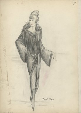 <em>"Evening Coat, Fall 1920.  Pencil drawing; wrap front coat, longer in back; high stand up collar trimmed possibly in monkey fur, long wide bell-shaped sleeves; narrow fabric belt. (Bendel Collection, HB 036-20)"</em>, 1920. Fashion sketch, 12.25 x 8.5 in (31.1 x 21.6 cm). Brooklyn Museum, Fashion sketches. (Photo: Brooklyn Museum, SC01.1_Bendel_Collection_HB_036-20_1920_SL5.jpg