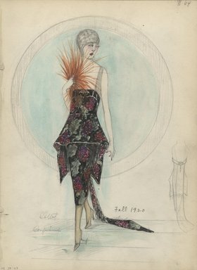 <em>"Evening Dress, Callot Soeurs, 'Confusius,' Fall 1920.  Black dress with train; straight knee-length skirt with short overskirt with draped side panels; camisole bodice with sheer shoulder straps; dress fabric with red, purple and green design of grape clusters and large leaves on black ground; silver cap; orange feather fan. (Bendel Collection, HB 037-27)"</em>, 1920. Fashion sketch, 12.25 x 8.5 in (31.1 x 21.6 cm). Brooklyn Museum, Fashion sketches. (Photo: Brooklyn Museum, SC01.1_Bendel_Collection_HB_037-27_1920_Callot_SL5.jpg