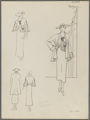 <em>"Henri Bendel Fashion and Costume Sketch Collection. Schiaparelli, spring-summer 1935, sketch HB 079-018."</em>, 1935. Born digital. Brooklyn Museum. (SC01.1_Bendel_Collection_HB_079-018_1935_Molyneux_PS3.jpg