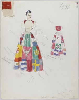 <em>"Dress, Elizabeth Hawes, 'Geographic', Spring Summer 1940. Dress with floor length full skirt and white fitted bodice; short sleeves; bandeau at natural waist; printed skirt fabric comprised of various national flags; Turkish flag on the back side of bodice. (Hawes Collection, Box #11, Folder #2, vol. 15 SS 1940, 11-20)"</em>, 1940. Printed material. Brooklyn Museum. (Photo: Brooklyn Museum, SC01.1_box011-02_vol15_no40_Hawes_Geographic_dress_spring_summer_1940_PS4.jpg