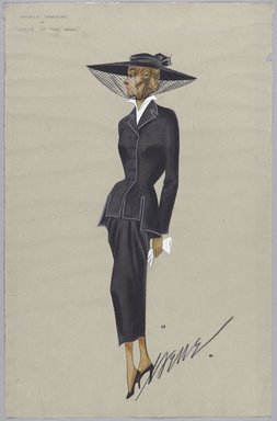 <em>"Sketch Collection. Irene sketch, black suit  with hat and veil for Angela Lansbury in 'State of the Union,' n.d."</em>. Printed material. Brooklyn Museum, fashion sketches. (Photo: Brooklyn Museum, SC01.1_box093-3_Irene_Angela_Lansbury_State_of_the_Union_black_suit_PS9.jpg