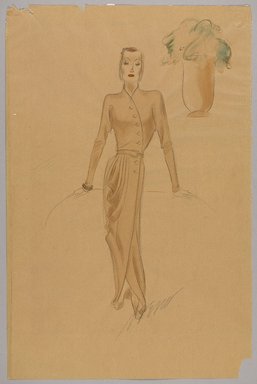 <em>"Sketch Collection. Irene sketch, brown ankle-length dress with diagonal buttons and draped skirt; vase and greens in background, n.d."</em>. Printed material. Brooklyn Museum, fashion sketches. (Photo: Brooklyn Museum, SC01.1_box093-3_Irene_brown_dress_diagonal_buttons_PS9.jpg