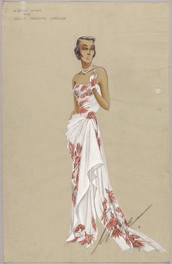 <em>"Sketch Collection. Irene sketch, strapless white floral-print evening gown, from Irene's personal wardrobe, n.d."</em>. Printed material. Brooklyn Museum, fashion sketches. (Photo: Brooklyn Museum, SC01.1_box093-3_Irene_white_evening_gown_personal_wardrobe_PS9.jpg